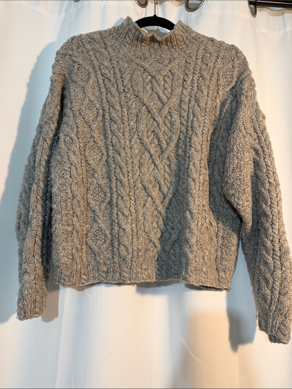 Vintage Hand Knit for the Limited Cozy Wool Blend Gray Cable-Knit Mock Neck B5